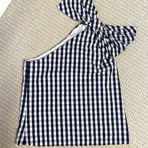 Milly One Shoulder Navy Gingham Top, Size S